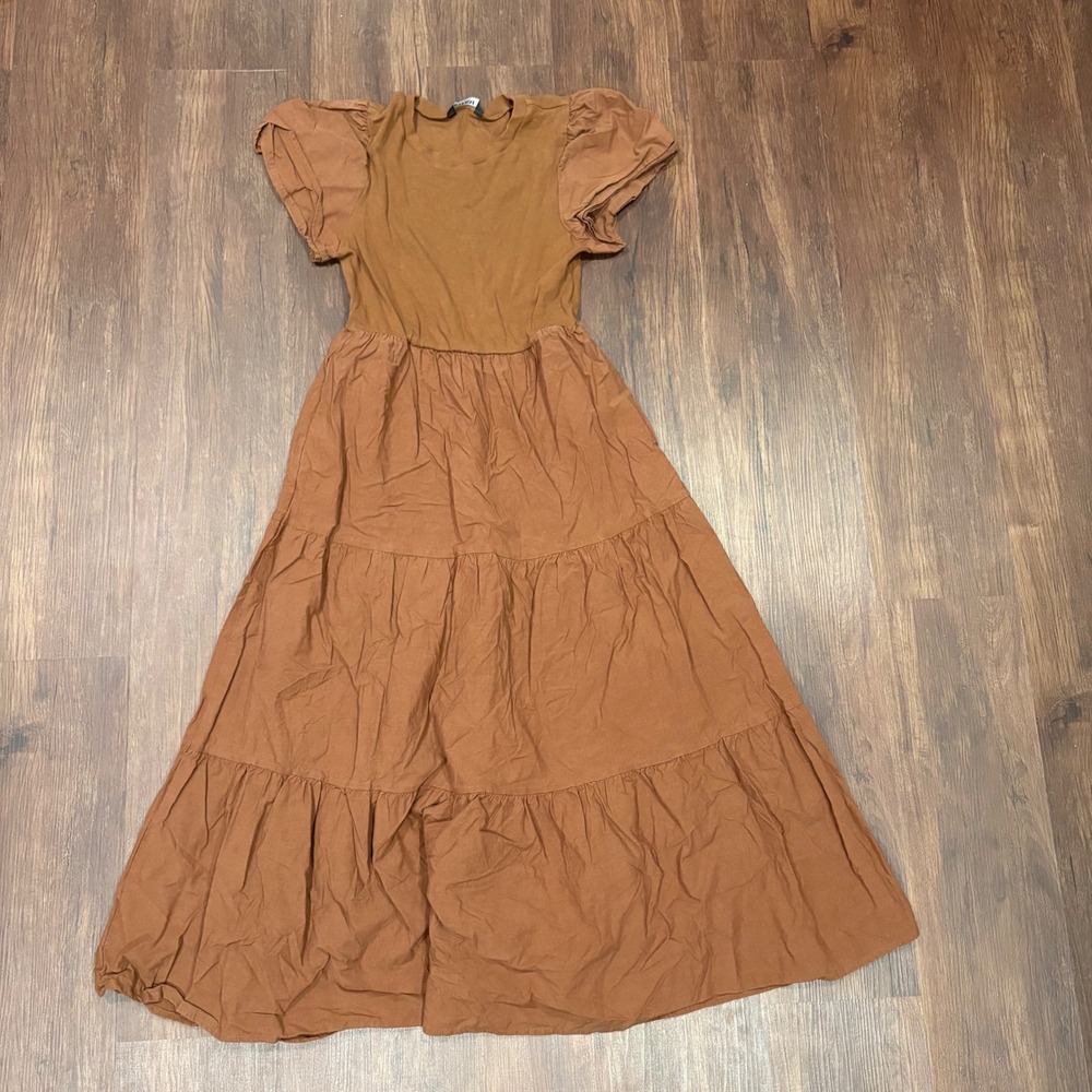 Mocha Brown Tiered Maxi Dress S Indie Sleaze Whimsigoth Boho Flutter Sleeve Crew